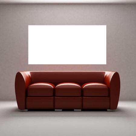 Red sofa with place on the wall for yours textの写真素材