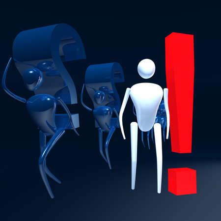 3d mans with question signs and with exclamation sign.