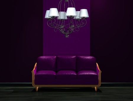 Purple couch with luxury chandelier in dark minimalist interior の写真素材