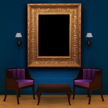Two chair with table and empty frame and sconces in minimalist interior