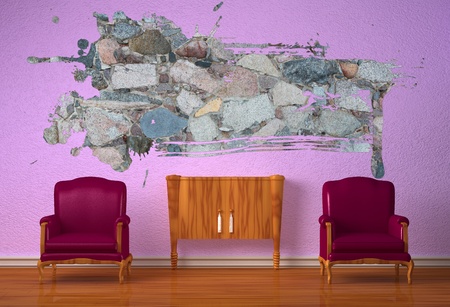 Two luxurious chairs with wooden console in purple interiorの写真素材