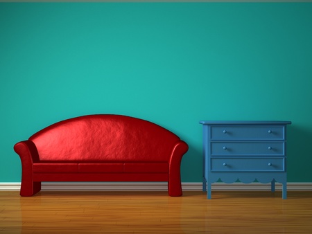 Red sofa with blue bedside table in kids room