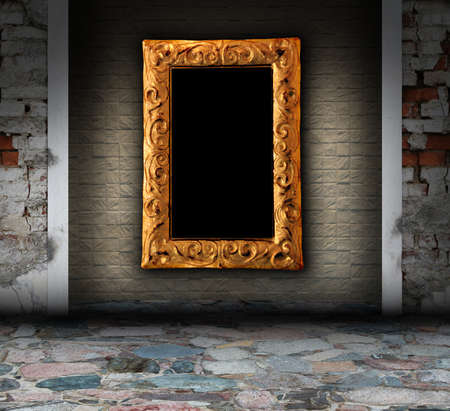 wooden grunge interior with picture frameの写真素材
