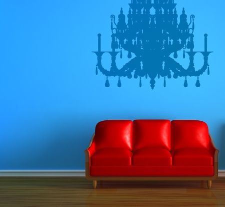 Red couch in blue minimalist interiorの写真素材