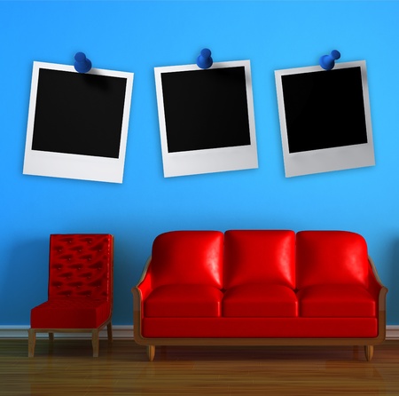 Red couch and char in blue minimalist interior 
の写真素材