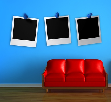 Red couch in blue minimalist interiorの写真素材