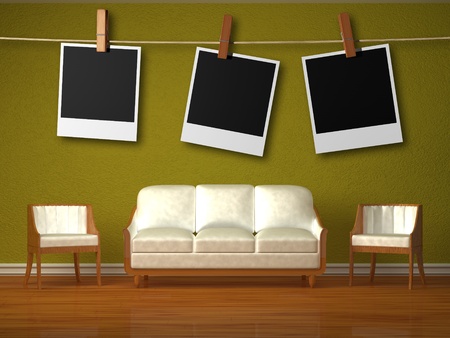 White couch and two chairs in green interior 