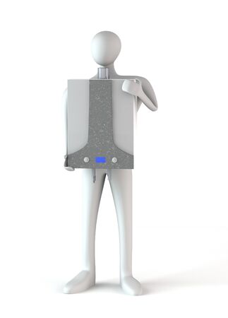 Person with gas boiler isolated over white の写真素材