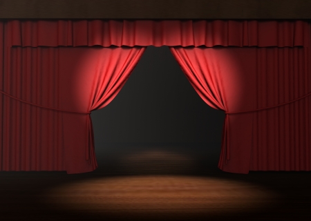 3d red stage curtain with spotlight on stageの写真素材