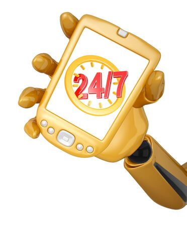 Gold 3d robotic hand hold a gold pda with twenty four hour seven days a week service sign. Including...
