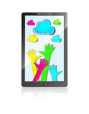 Mobile phone with happy hands and colorful cloudsのイラスト素材