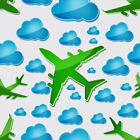 Airplanes in the air with blue clouds Seamless vector patternのイラスト素材