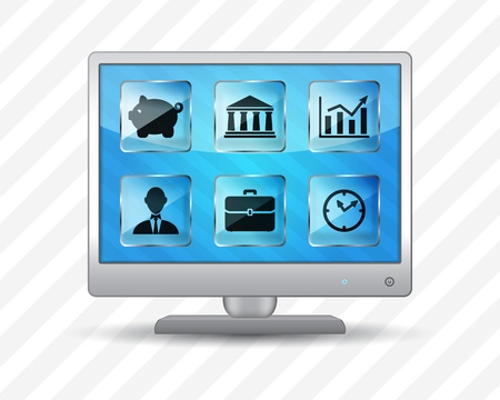 Flat screen monitor with business icons on a striped backgroundのイラスト素材