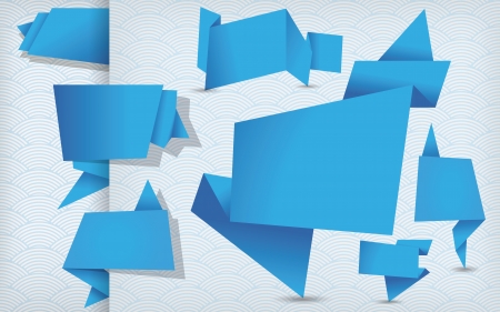 set of blue origami tags, banners and labels on a waved background のイラスト素材
