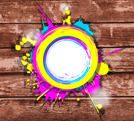 colorful frame with splashes on a brown striped wooden backgroundのイラスト素材