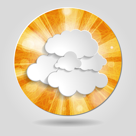 Abstract orange badge with sun rays and clouds on a grey backgroundのイラスト素材