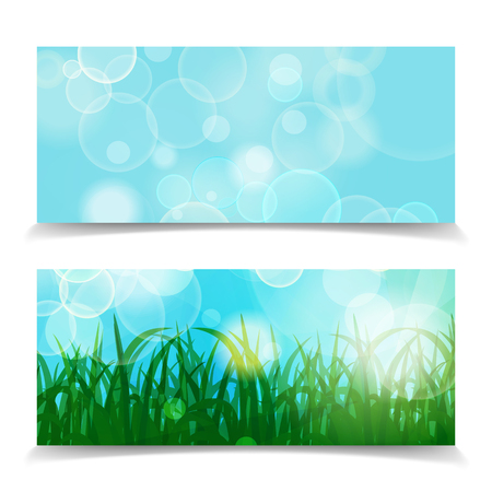 natural spring green Background With Green Grass And bokeh lights banner set. Abstract spring natural header background.のイラスト素材