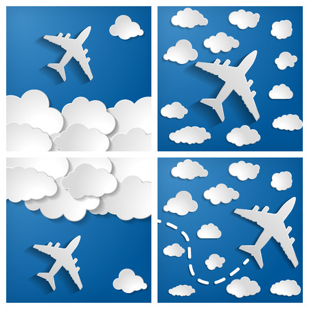 set of paper airplanes with clouds on a blue air background.  Blue sky travel background.のイラスト素材