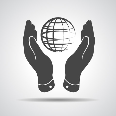 two hands take care of globe planet icon on a grey backgroundのイラスト素材