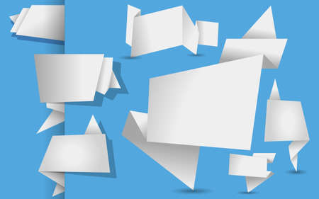 set of white origami tags, banners and labels on a  blue backgroundのイラスト素材