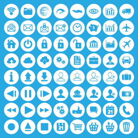 Modern white flat icon set of web, multimedia and business icons on a blue backgroundのイラスト素材