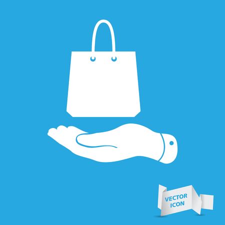 flat hand shows the shopping bag icon - vector illustrationのイラスト素材