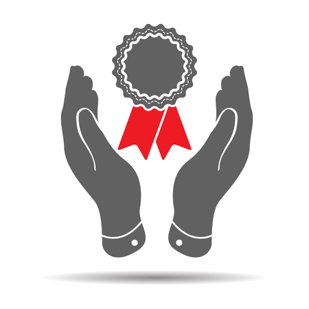 two hands with badge and red ribbons icon - vector illustrationのイラスト素材