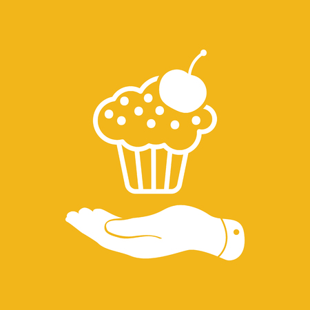 flat hand presenting white cake icon with cherry on the yellow background - vector illustrationのイラスト素材