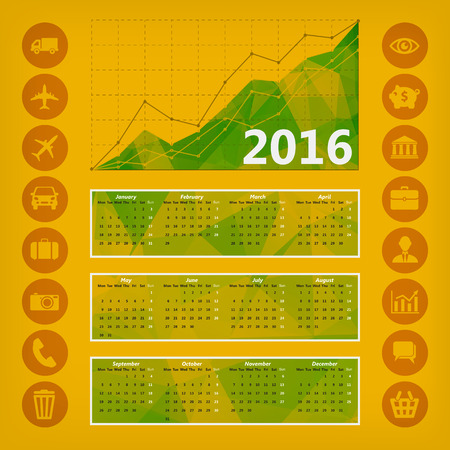 Abstract Orange Triangular Polygonal 2016 year calendar with business iconsのイラスト素材