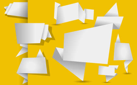 set of white origami tags, banners and labels on a yellow backgroundのイラスト素材