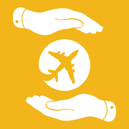 white airplane in flat hands icon - vector illustrationのイラスト素材