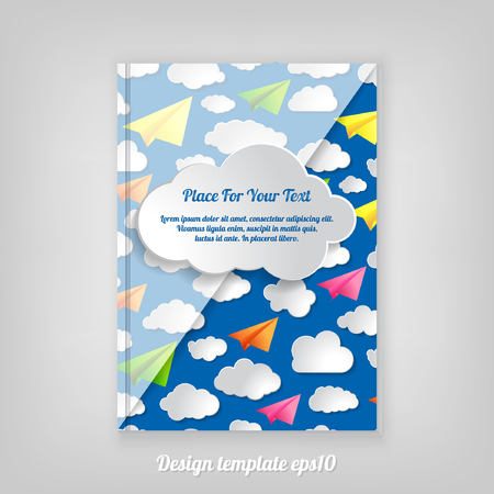 Abstract blue geometric cover design with pattern of paper airplanes with clouds, Brochure Design. Cover, Corporate Leaflet Templateのイラスト素材