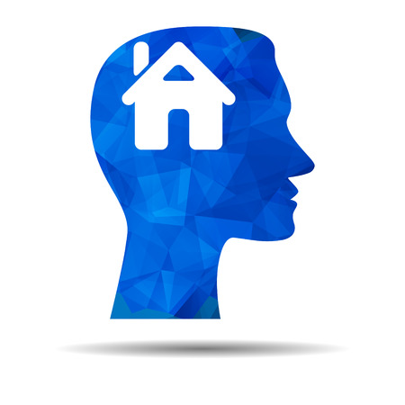 Blue Triangle design icon with human head, brain and house. Abstract Blue Triangle Polygonal Man head and homeのイラスト素材