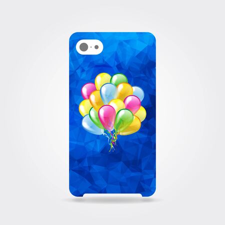 Blue triangular phone case with multicolored glossy balloons. Blue polygonal template cover phone or case smartphone with multicolored glossy balloons. Mobile phone modern cover backのイラスト素材