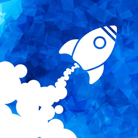 white rocket icon with clouds on a blue triangular background - vector illustrationのイラスト素材