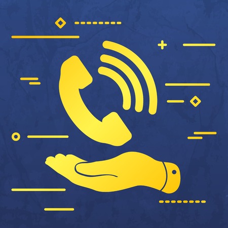 graphic image concept of hand showing black phone receiver icon on a blue paper layer backgroundのイラスト素材