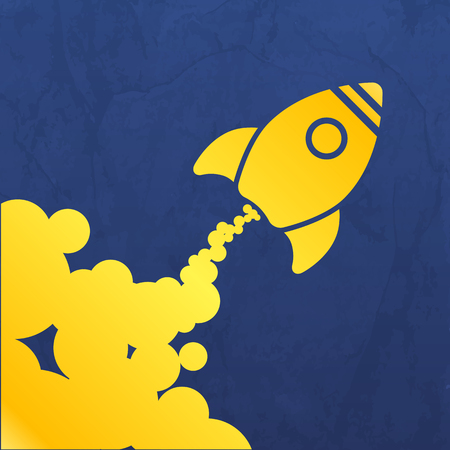 Yellow rocket icon with clouds on a blue crumpled backgroundのイラスト素材