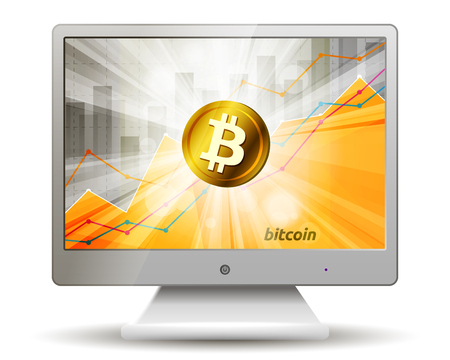 Golden bitcoin cryptocurrency in the bright rays on background with statistics chart showing various visualization  on the display of monitorのイラスト素材