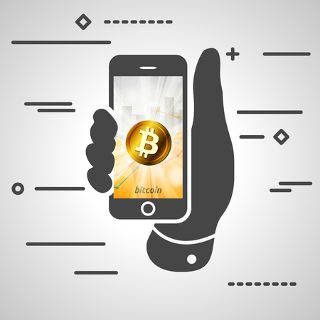Golden bitcoin cryptocurrency in the bright rays on background with statistics chart showing various visualization on the screen of phoneのイラスト素材