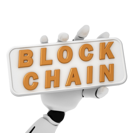 3d rendering of robotic hand hold a plate with text of blockchainの写真素材