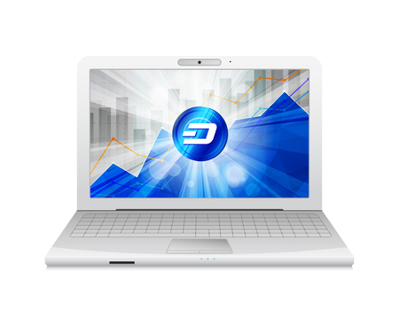 Laptop with dash cryptocurrency in the bright rays on background with statistics chart showing various visualization on  screenのイラスト素材