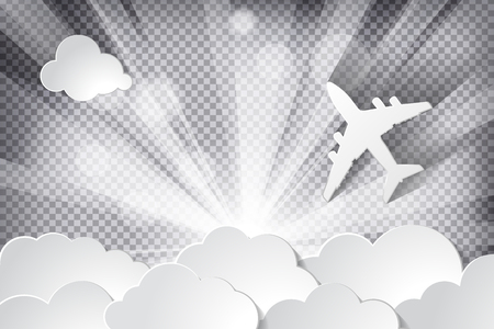 paper airplane with paper clouds and light beams with sun rays on a chequered backgroundのイラスト素材