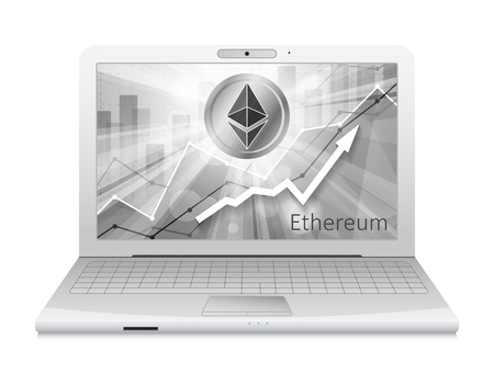 laptop with ethereum cryptocurrency icon in the bright rays on background with statistics charts showing various visualization on  screenのイラスト素材