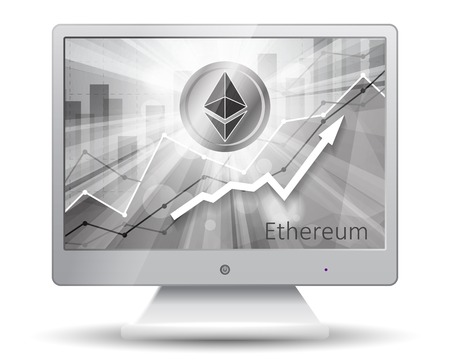 Ethereum cryptocurrency in the bright rays on background with statistics chart showing various visualization on the display of monitorのイラスト素材