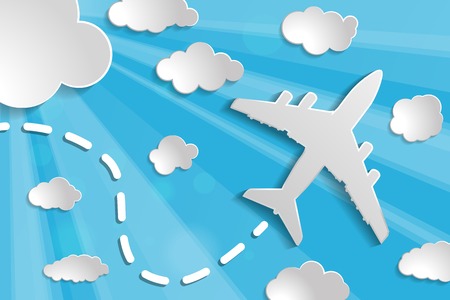 paper airplane with paper clouds and light beams with sun rays on a blue backgroundのイラスト素材