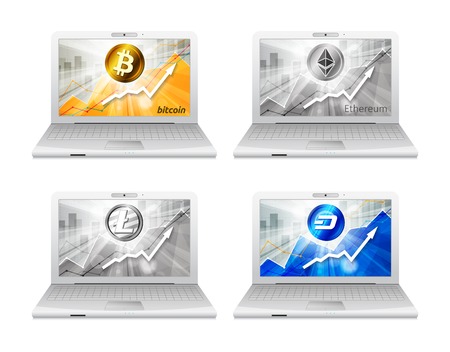 Set of laptop with different cryptocurrency in the bright rays on background with statistics charts showing various visualization on  screensのイラスト素材