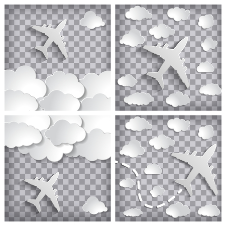 set of white paper planes with clouds on transparency chequered background.  Grey sky travel concept background.のイラスト素材