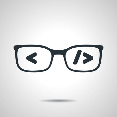flat black glasses with code. Coder or programmer symbol. Concept of software developer or engineer icon on grey bakgroundのイラスト素材
