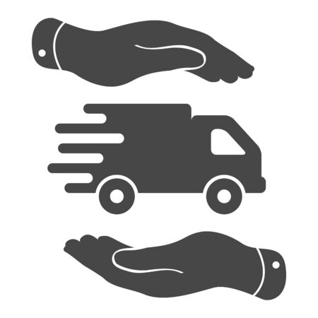 two hands with flat truck pictogram on a white backgroundのイラスト素材