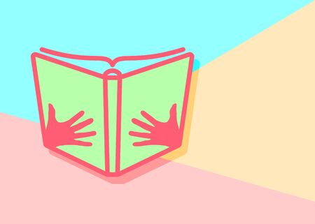 flat modern red Open book with hands icon with shadow on blue and pink pastel colored backgroundのイラスト素材